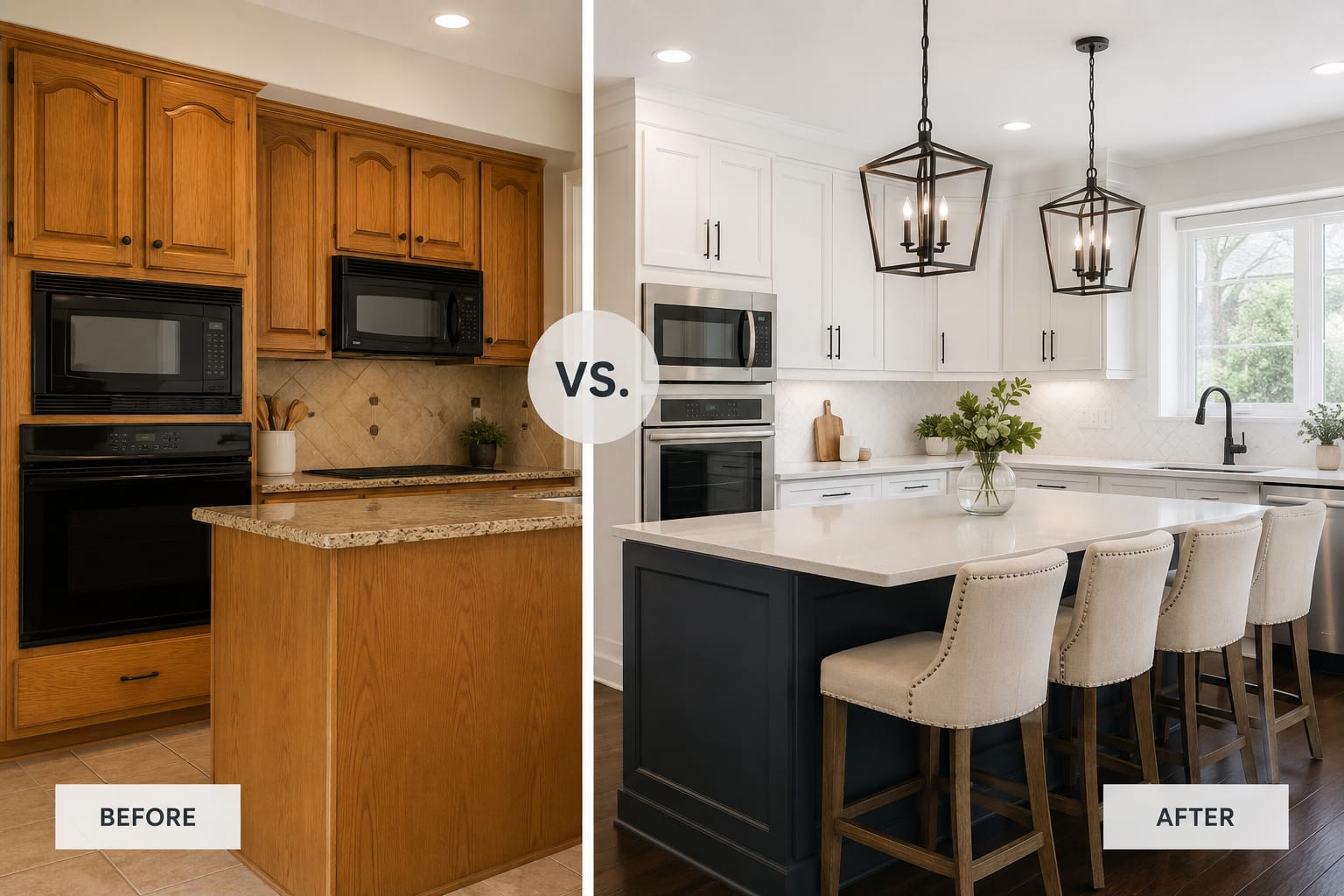Cabinet refacing vs replacement example in The Woodlands showing outdated wood cabinets transformed into a modern kitchen with updated cabinetry, countertops, island, and lighting.